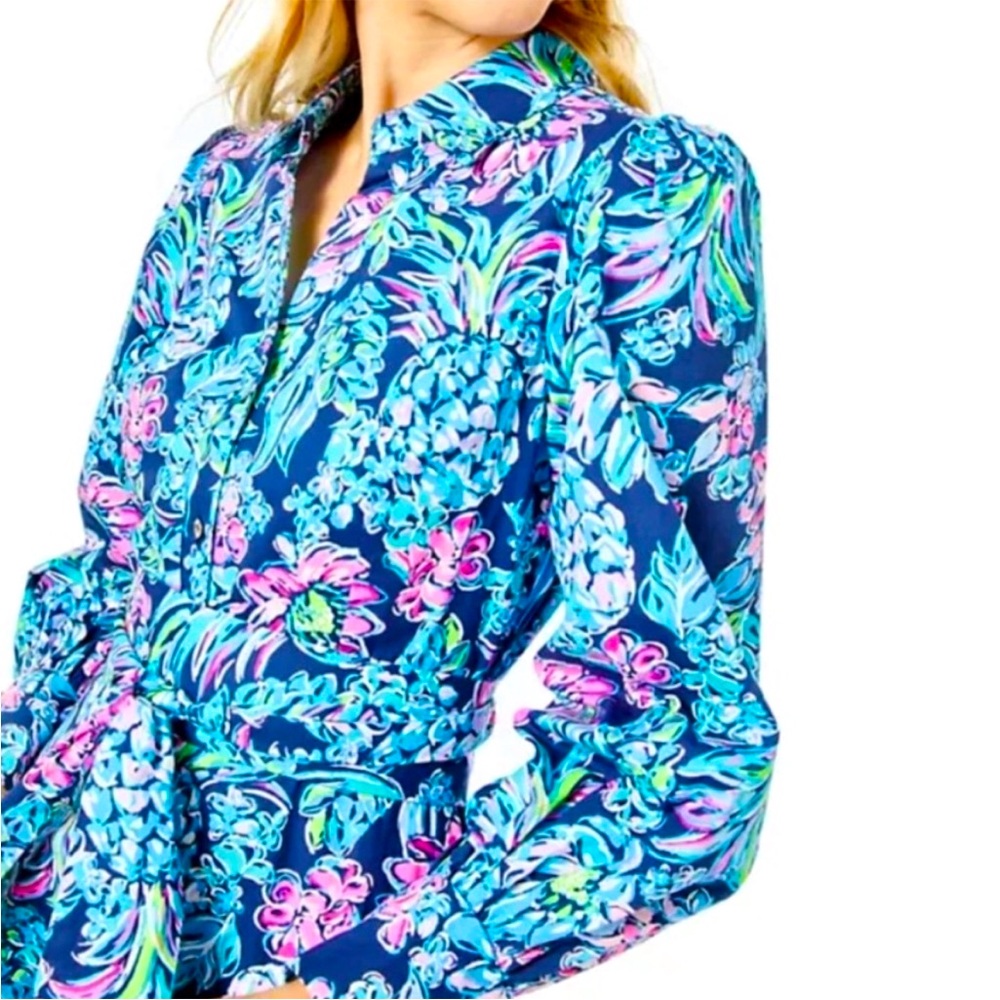 Lilly Pulitzer Blue Floral Long-Sleeve Shirt Dress with Pink & Green Accents